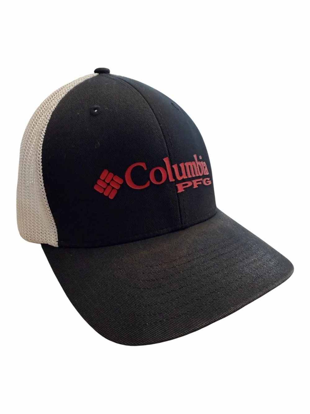 Columbia PFG Black and White Mesh Fishing Hat with Red Logo Flexfit